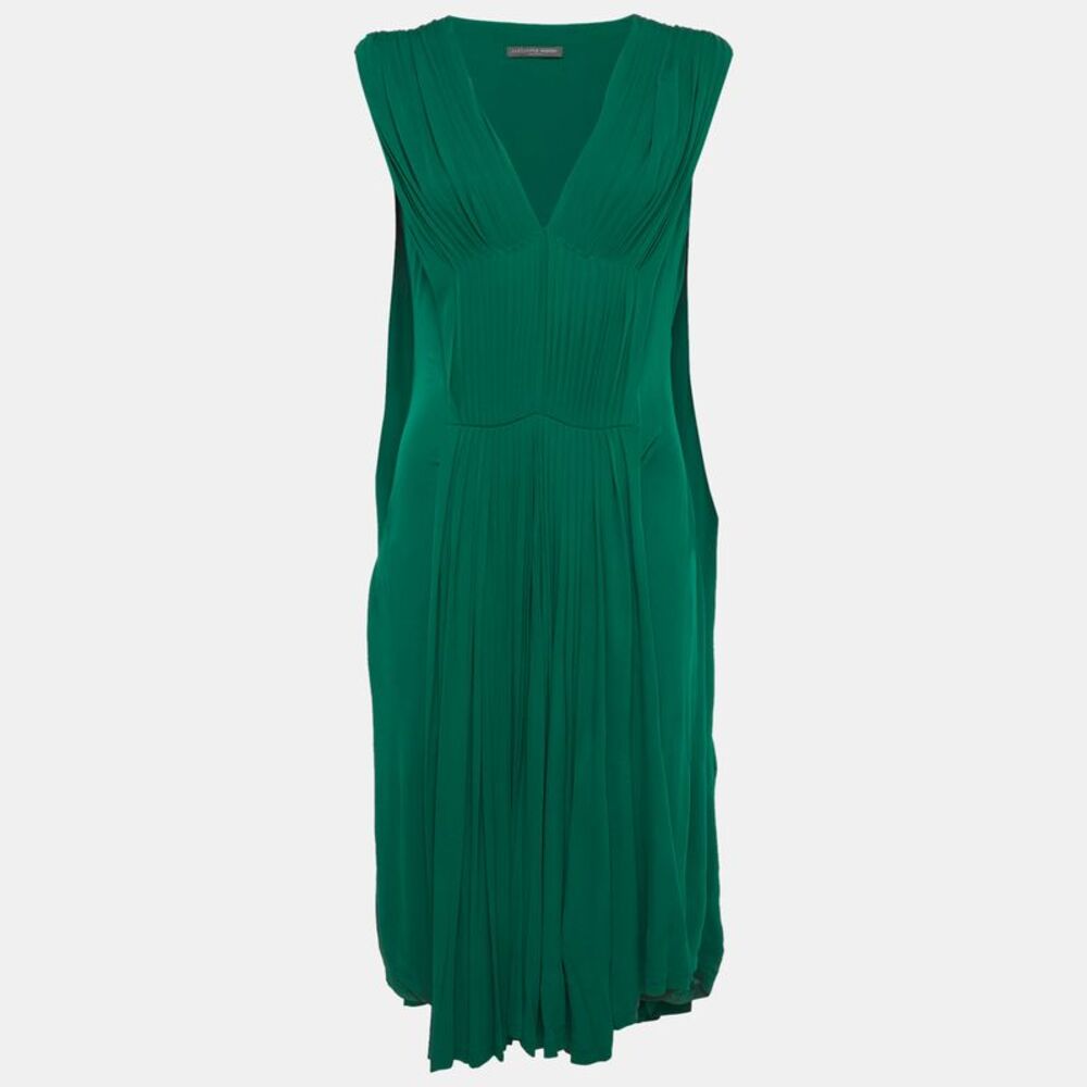 Alexander Mcqueen Green Jersey Pleated Sleeveless Midi Dress M